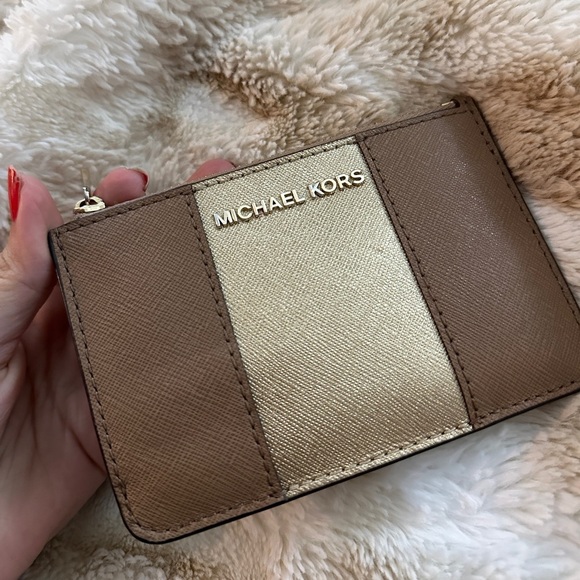 Michael Kors Women's Center Stripe MK TZ Coin Pouch Wallet DK Khaki Gold Leather - Picture 5 of 9